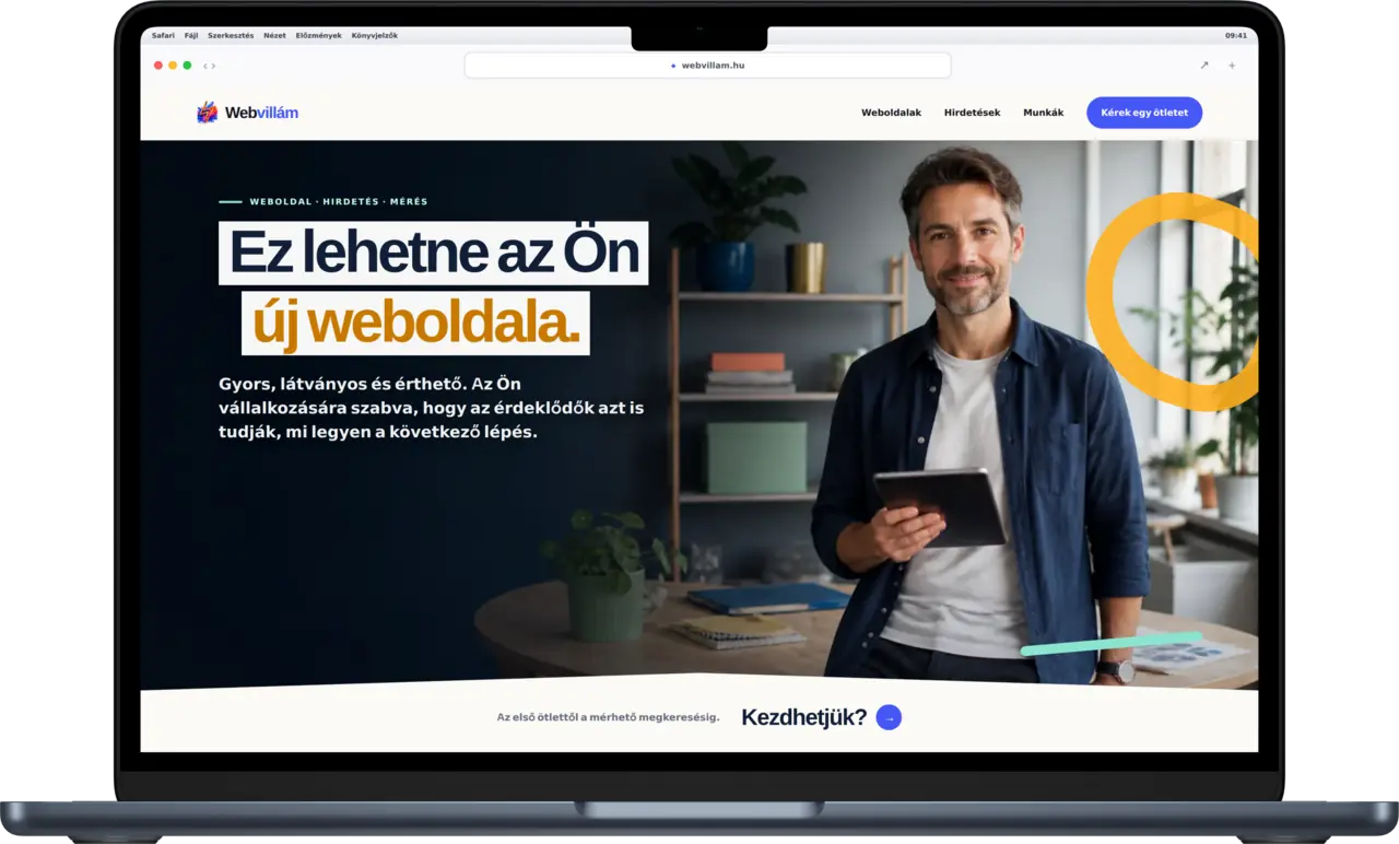 Webvillám bemutatóoldal élethű laptop- és mobilmockupban