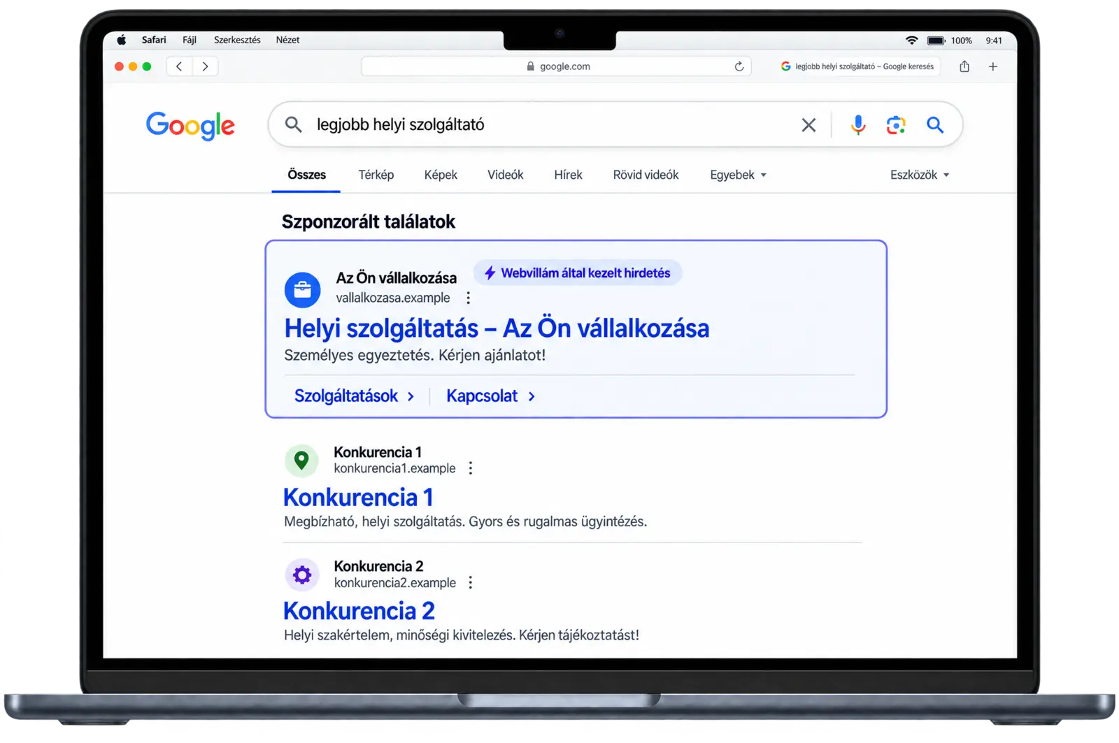Google-keresés a legjobb helyi szolgáltatóra: Az Ön vállalkozása mintahirdetése Webvillám által kezelt jelöléssel, alatta Konkurencia 1 és Konkurencia 2