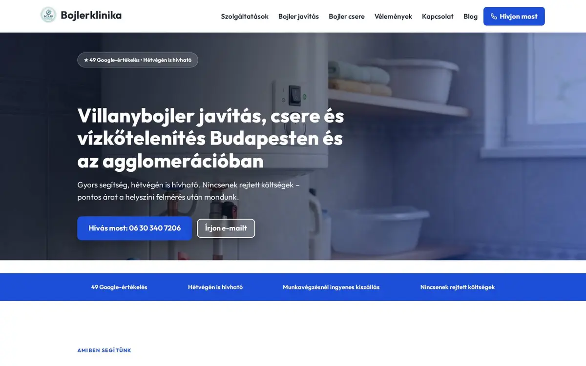 A Bojlerklinika élő weboldalának nyitóképernyője