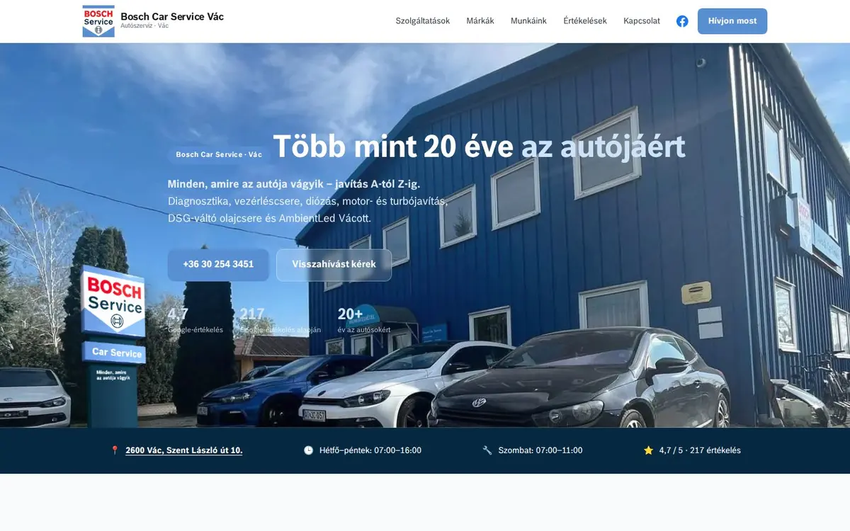 A Bosch Car Service Vác élő weboldalának nyitóképernyője