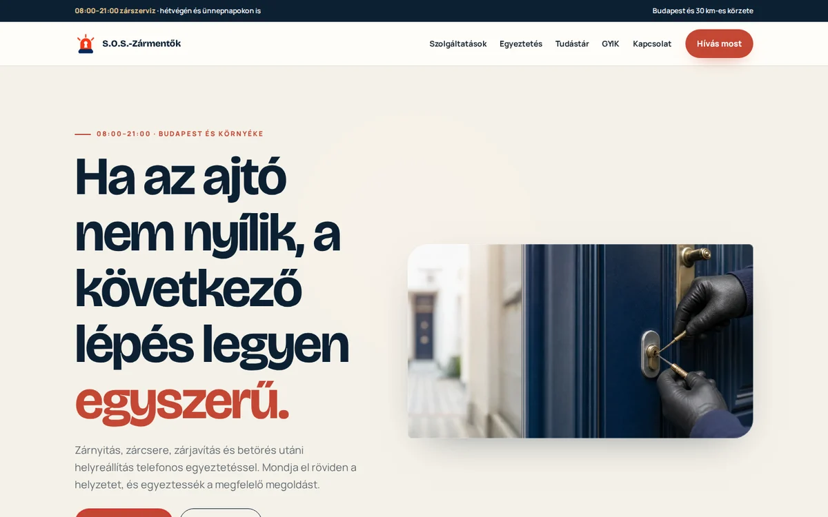 Az S.O.S.-Zármentők élő weboldalának nyitóképernyője